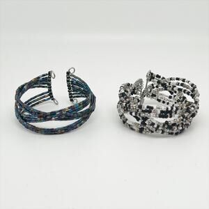 Handmade Lot of 2 Seed Bead Wire Braided Wrap Cuff Bracelets Hand Crafted